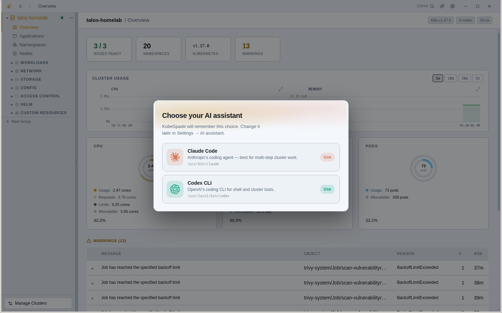 KubeSpade AI assistant picker offering Claude Code and Codex CLI detected on the machine
