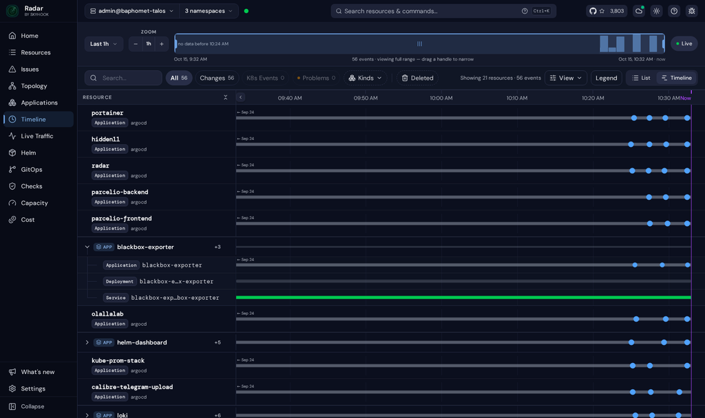 Radar event timeline showing changes to ArgoCD applications over the last hour