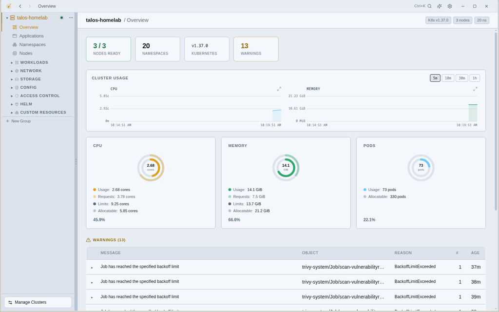 KubeSpade cluster overview with node, namespace and warning counters and CPU, memory and pod gauges
