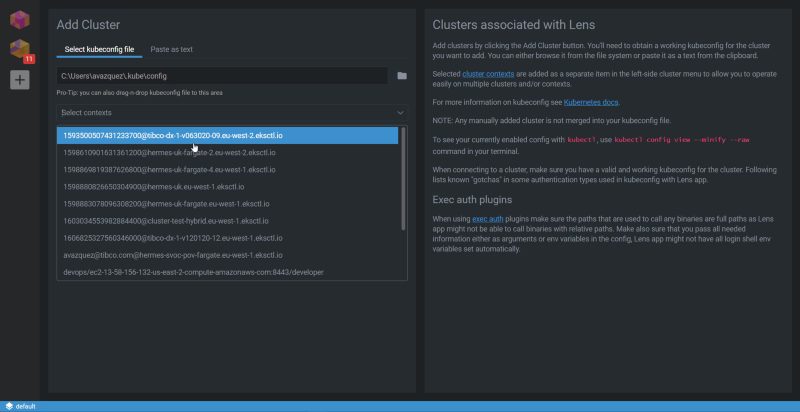 Kubernetes context selection in Lens