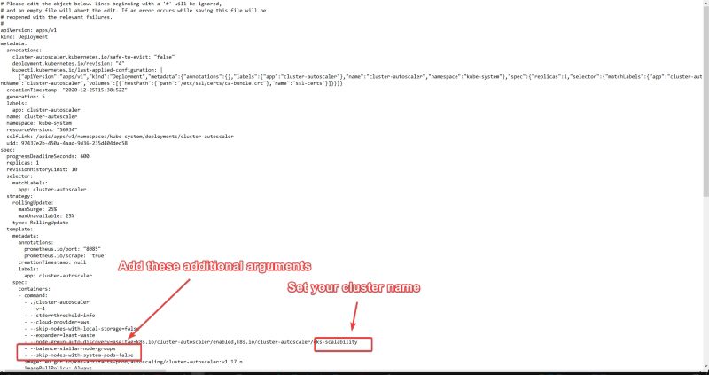 Deployment edits that are needed to configure the Cluster Autoscaler