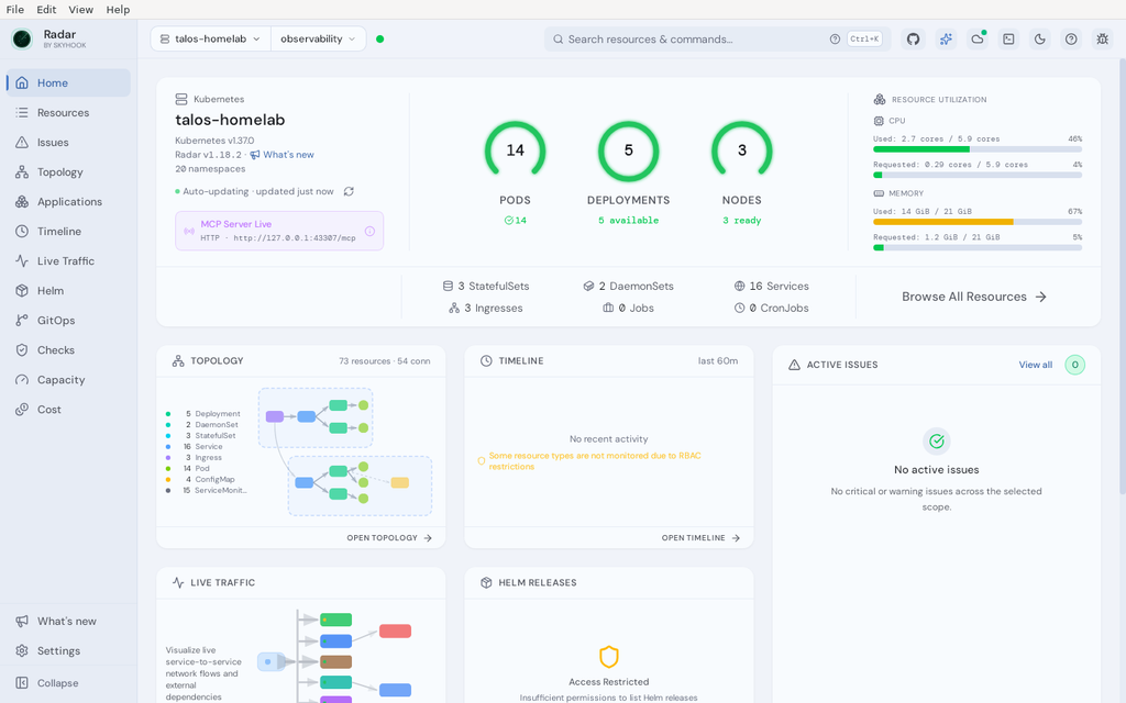 Radar desktop home screen connected to a Talos cluster, showing pods, deployments, nodes and the local MCP server
