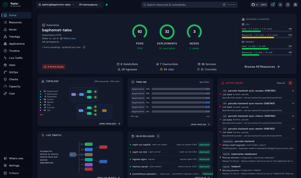 Radar home dashboard showing pods, deployments, nodes, resource utilization and active issues for a Talos cluster