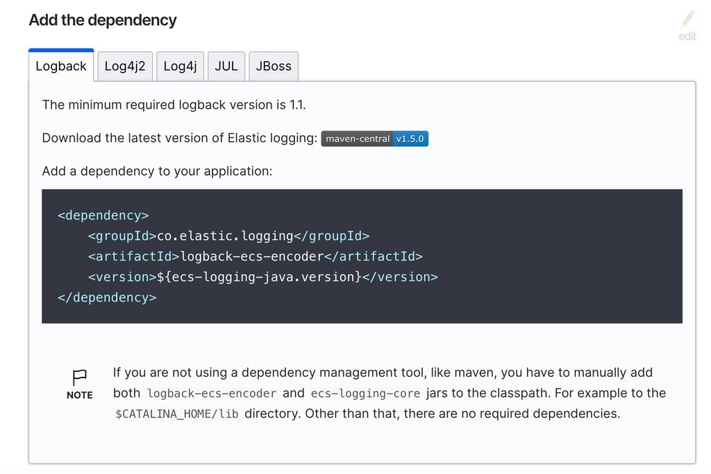 BW ECS Logging: Información de Dependencia de ECS Java