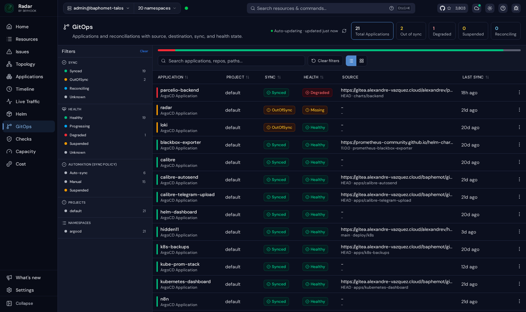 Radar GitOps view listing ArgoCD applications with sync and health status